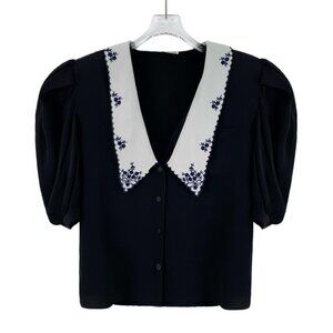 Miu Miu Black floral embroidery puff short-sleeve button-up shirt